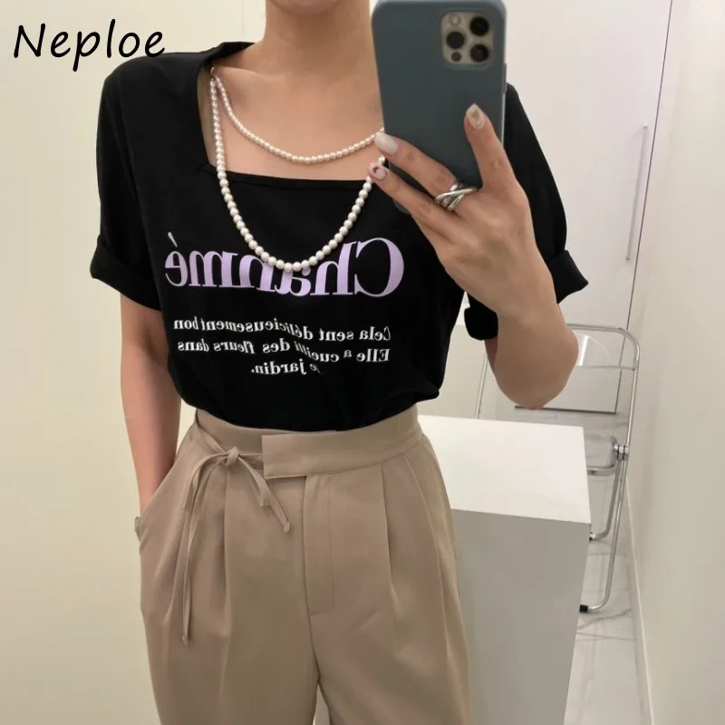 Neploe 2024 Summer New Letter Print T-shirts Square Collar Pearl Necklace Tee Shirt Y2k Short Sleeve Black Tops Women