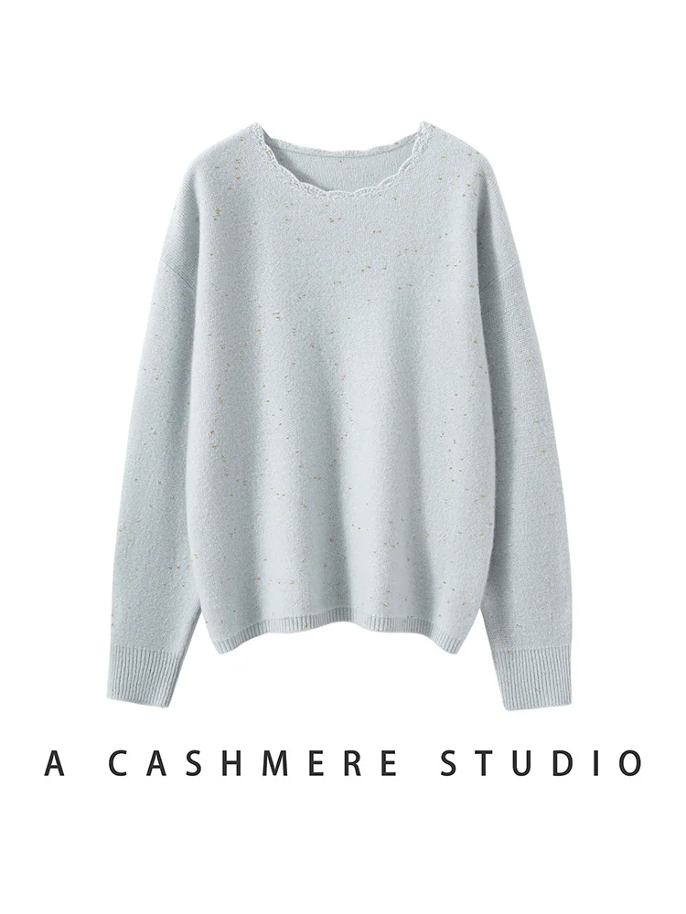 

High Quality Women 100%Cashmere Sweater Autumn Winter Golden Bean Lace Mock Neck Cashmere Sweater Pullover Casual Style Clothing