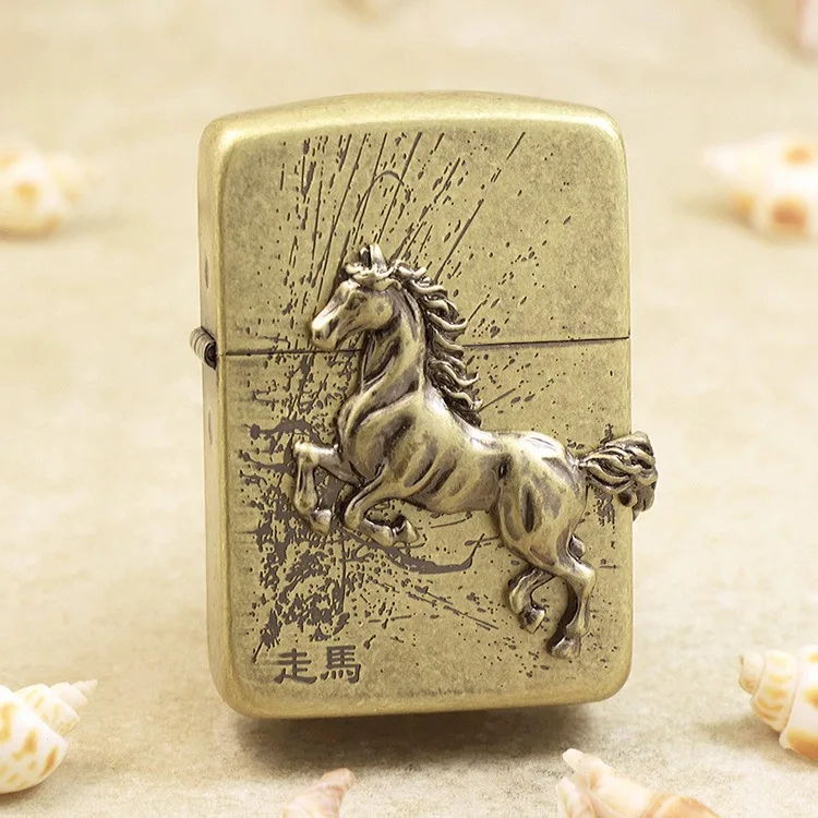 Genuine Zippo Bronze warhorse oil lighter copper windproof cigarette Kerosene lighters Gift with anti-counterfeiting code