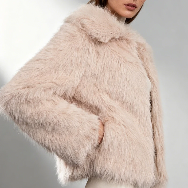 Damski płaszcz futrzany jesienno-zimowy, nowy, z wykładanym kołnierzem, długie rękawy, otwarty krój, modny, pluszowy, gruby, ocieplany futrem.