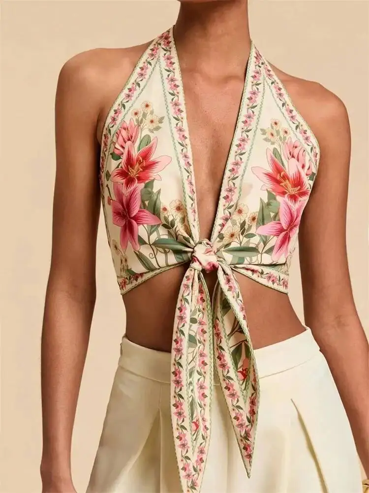 Sexy nó frente halter colheita para mulheres verão sem mangas gráfico floral impresso decote em v sem costas regata y k roupas