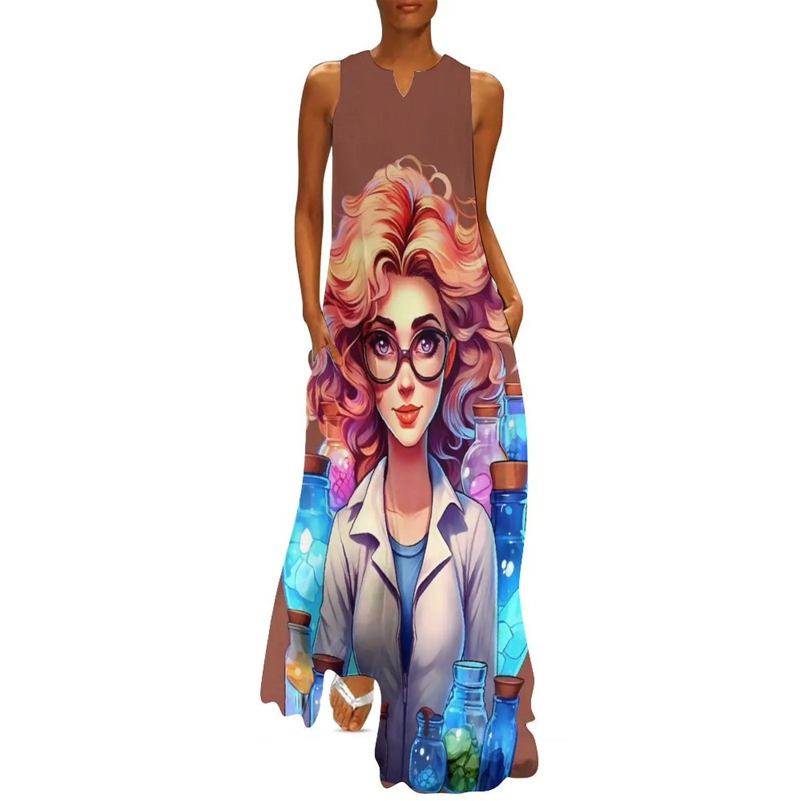 Character Lady Dress Cartoon Style Portrait Party Maxi Dress Aesthetic Bohemia Long Dresses Ladies Sleeveless Oversize Clothes