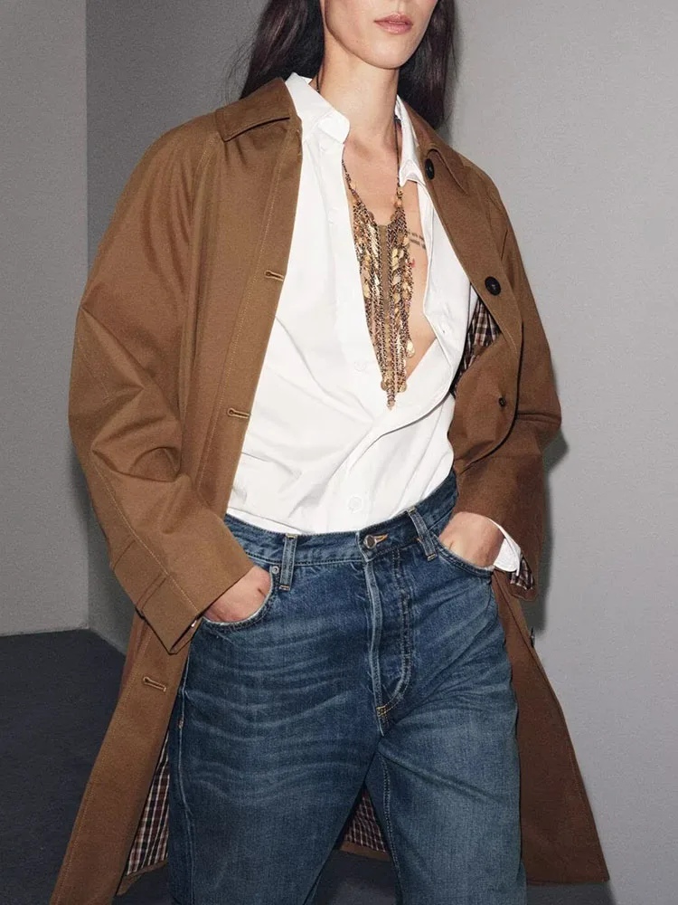 Elegancki długi płaszcz jesieni 2025, damski płaszcz z wysokiej półki z kołnierzem, płaszcz o średniej długości, osobowość.