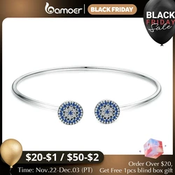 BAMOER 100% 925 Sterling Silver Blue Zircon Lucky Eyes Bracelet for Women Open Cuff Bangle Classic Luxury Jewelry SCB058