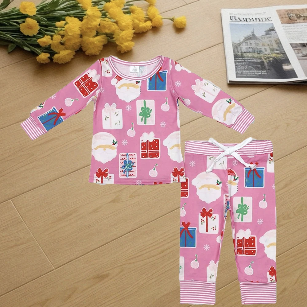 9.22 Kids Winter Clothes For Girls Baby Girls Pink Santa Christmas Bamboo Pajamas Clothes Sets