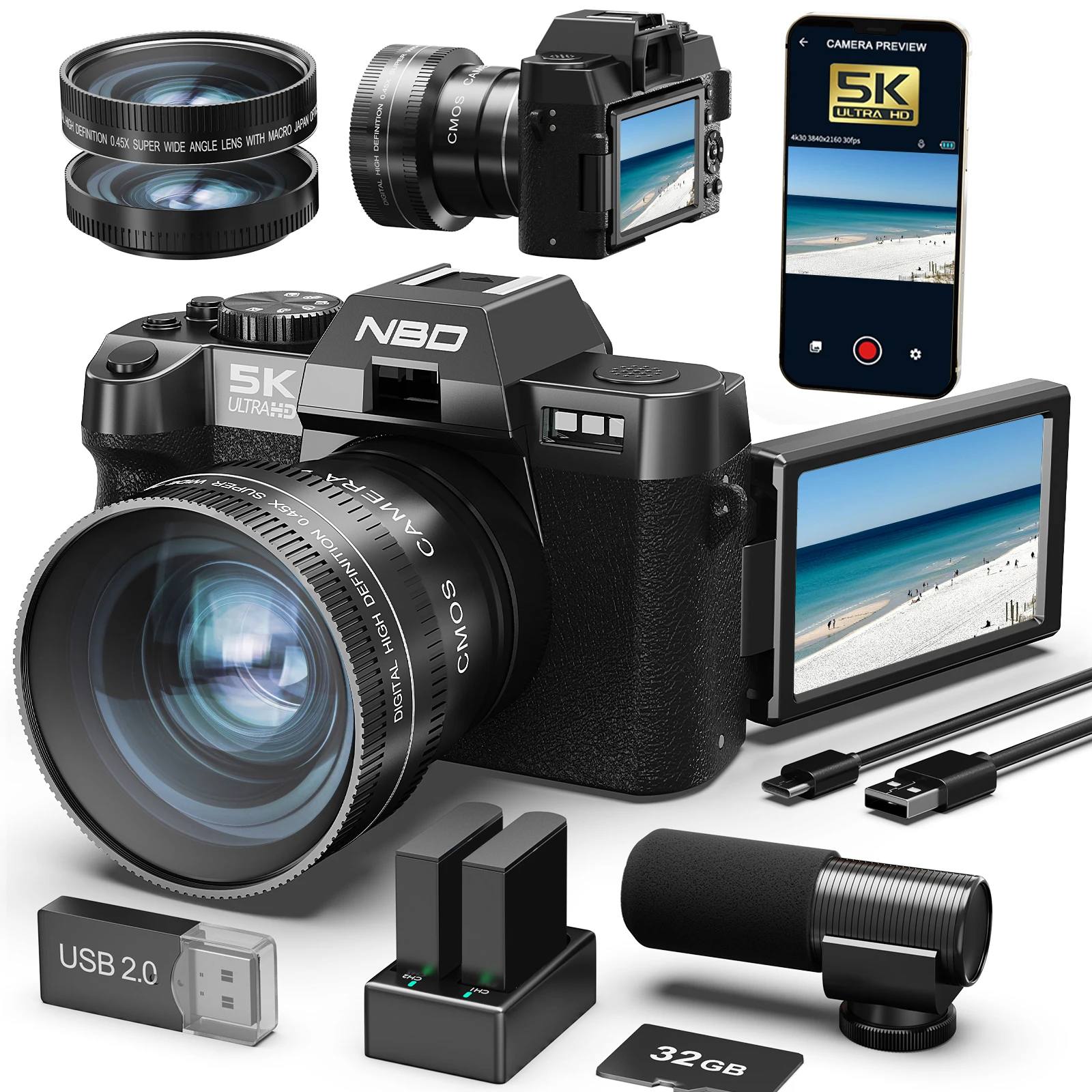 

NBD Digital Cameras 5K&48MP Photography 16X Digital Zoom Camera Travel Vlogging Cameras 52mm Macro Lens 180°Flip Screen Microphone Long battery life Gift