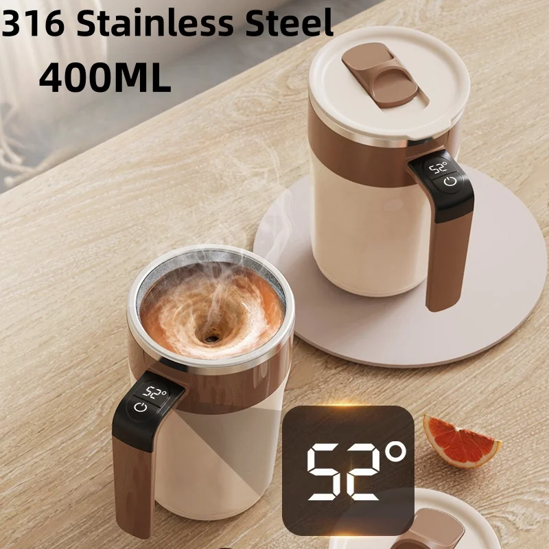 400ML Smart Mixing Cup LED Temperature Display Coffee Cup 316 Stainless Steel Magnetic Temperature Milk Coffee Self Stirring Mug