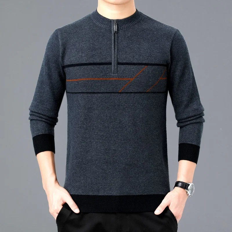 New Men's Long Sleeve Knitted Crewneck Sweater Middle-aged Men Winter Loose Half Zipper Base Shirt