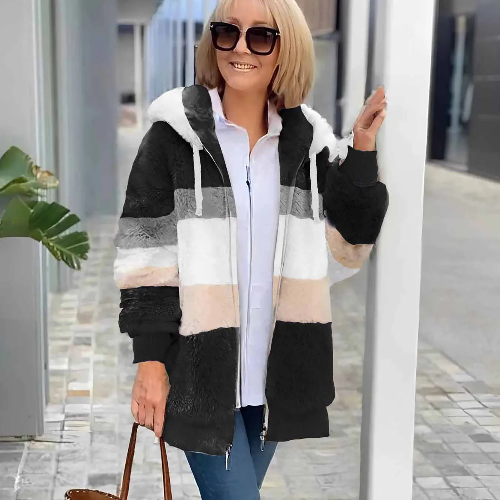 Women Jacket Colorblock Fleece Hooded Coat with Zipper Closure Pockets for Women Warm Winter Cardigan Jacket Mid Length Loose