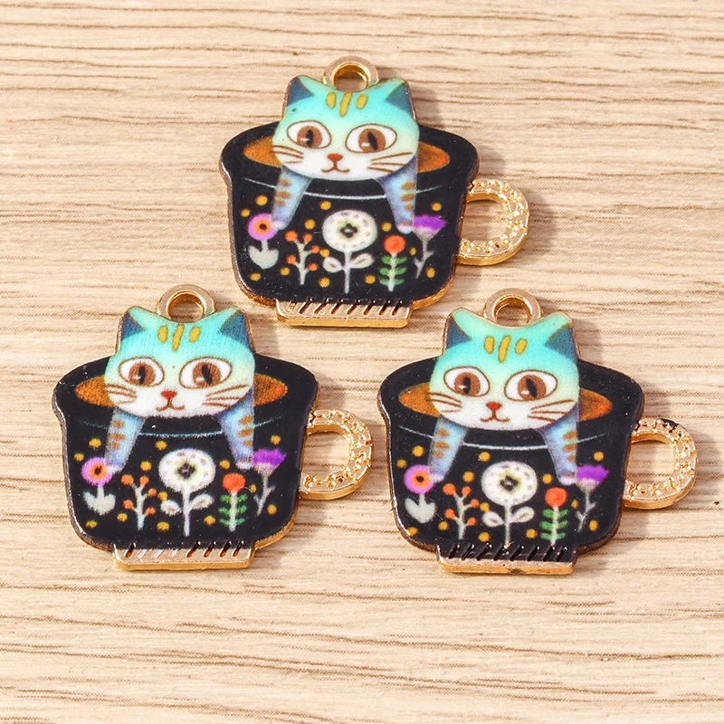 10 stücke 22x22mm Cartoon Tier Charms Emaille Tasse Katze Muster Charms Anhänger für Schmuck Herstellung Ohrringe Halskette DIY Handwerk Geschenke – Detail 8