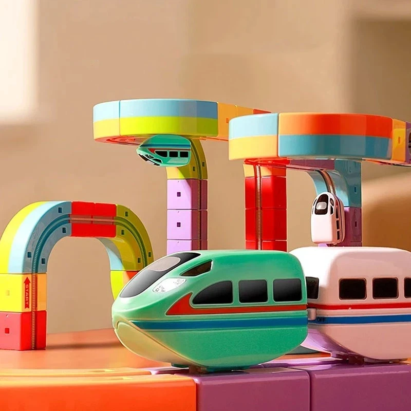 Montagem de trem ferroviário mágico conjunto quebra-cabeça brinquedo pai criança interativo crianças brinquedo não controle remoto trem ferroviário presente natal