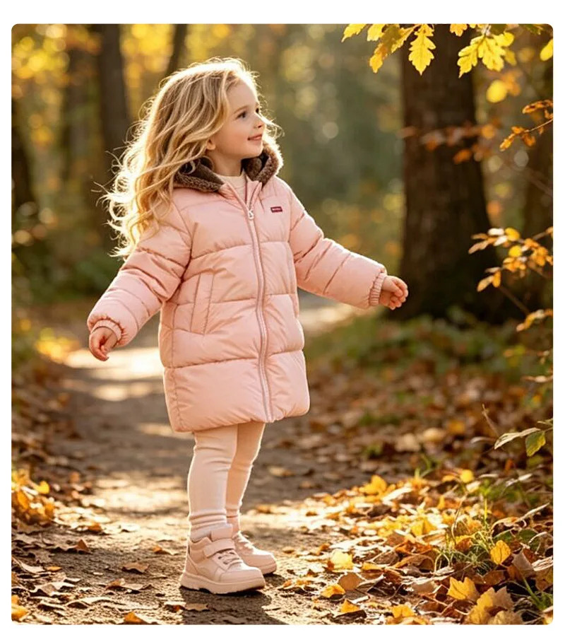 Neue doppelseitige Winter-Daunenjacke für Kinder, Jungen und Mädchen, mittellanger warme Mantel mit Bärenohren-Kapuze. – Detail 11