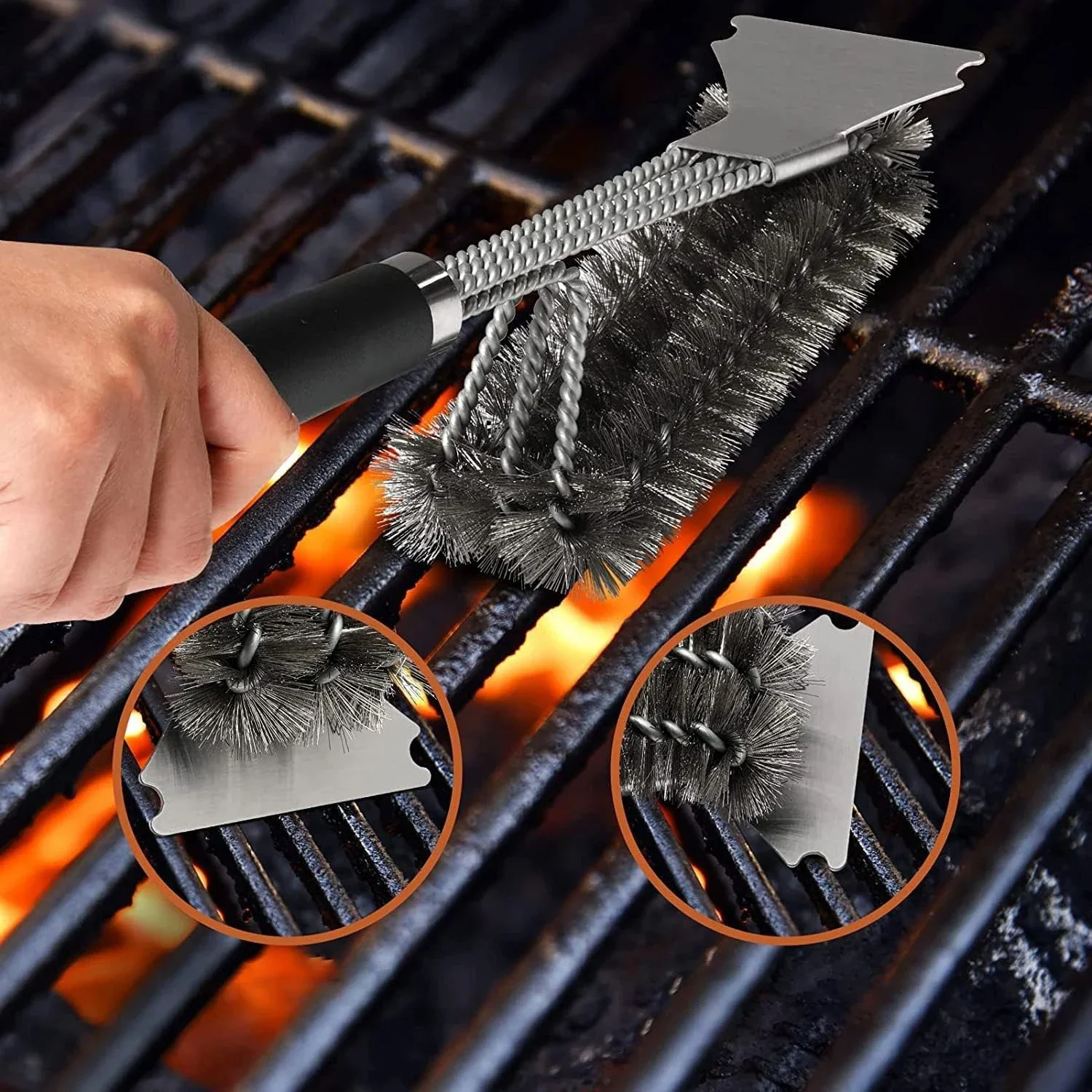The Safe & Effective BBQ Brush: 2-in-1 Design with Stainless Steel Bristles for Worry-Free Outdoor Grate Cleaning