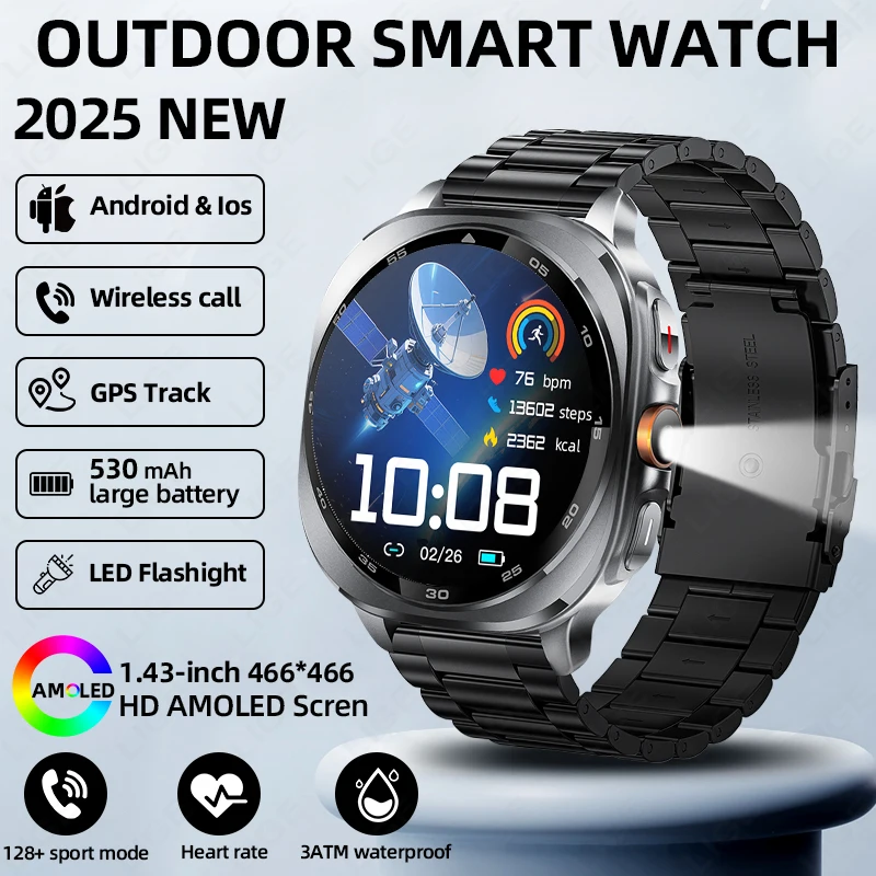 

LIGE GPS Outdoor Sports Smartwatch 1.43Inch HD Screen Smart Watch Sleep Monitoring 3ATM Waterproof 128 Sports Modes Smartwatches