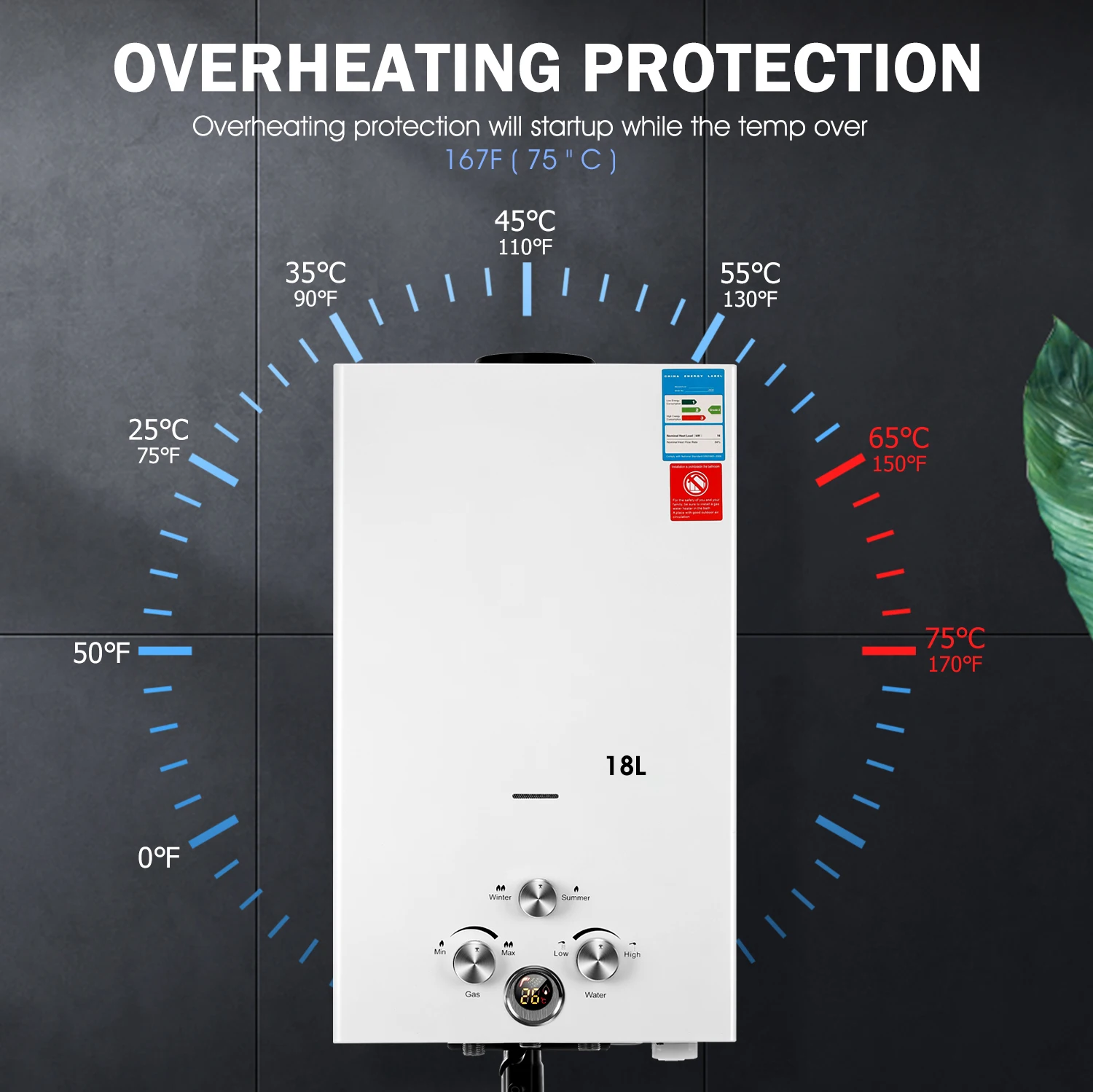 Calentador de agua caliente a gas instantáneo de 18L Caldera de gas propano sin tanque Calentador de agua GLP Reino Unido