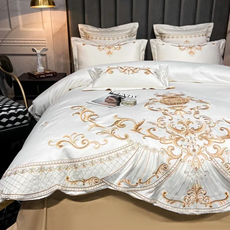 

Luxury Gold Royal Embroidery Satin And Cotton Bedding Set Smooth Smooth Double Duvet Cover Set Comforter Cover And Pillowcases