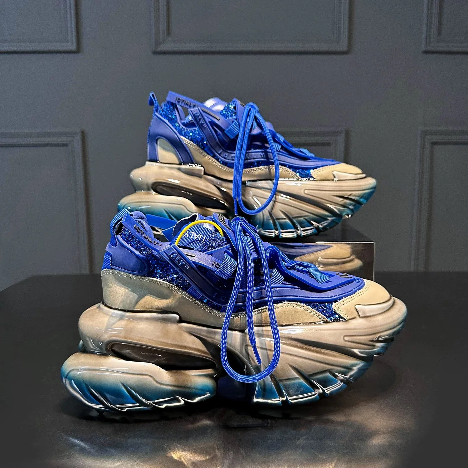 Women Sneakers Sequined Genuine Leather Platform Thick Bottom Chunky Shoes Height Increase Casual Fashion High Heels Green Blue