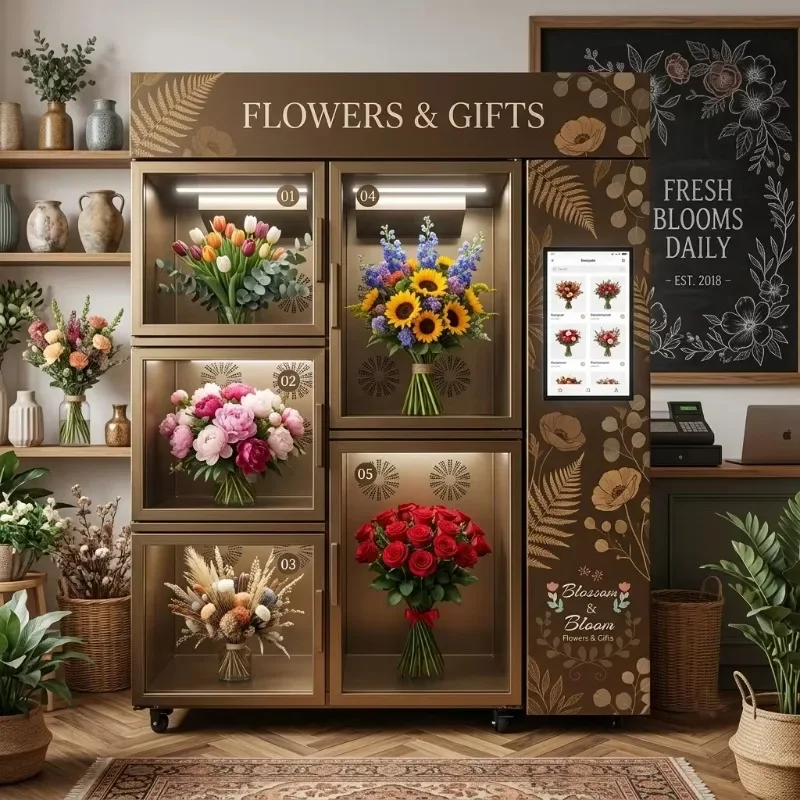 Flower Vending Machine Business Startup 5  Bouquets Capacity Customizable Design NAYAX Credit Card Reader Wedding