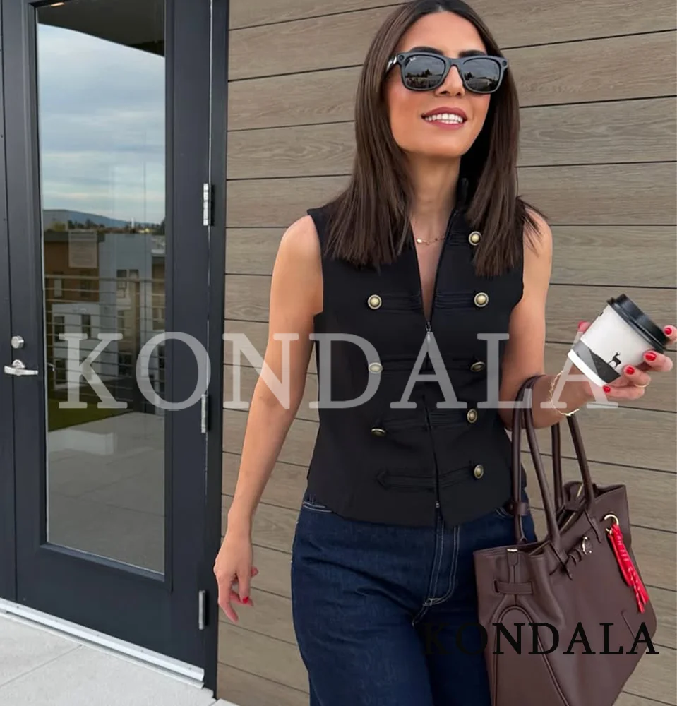 KONDALA Women Chic High Street Vest Elegant Vintage Buttons Decoration Vest Jacket 2026 Spring Summer Trends Slim Zipper Vest