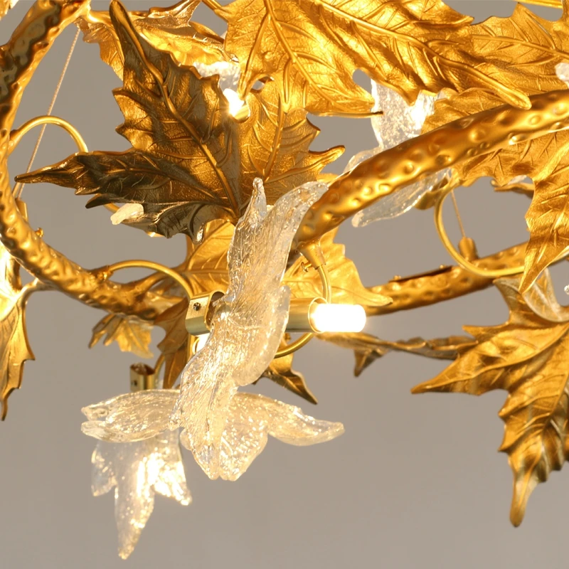 Luxury Copper Tree Branch Chandelier With Maple Leaf Glass Lamp Shade For Living Room Kitchen Table Gold Leaves Pendant Lights
