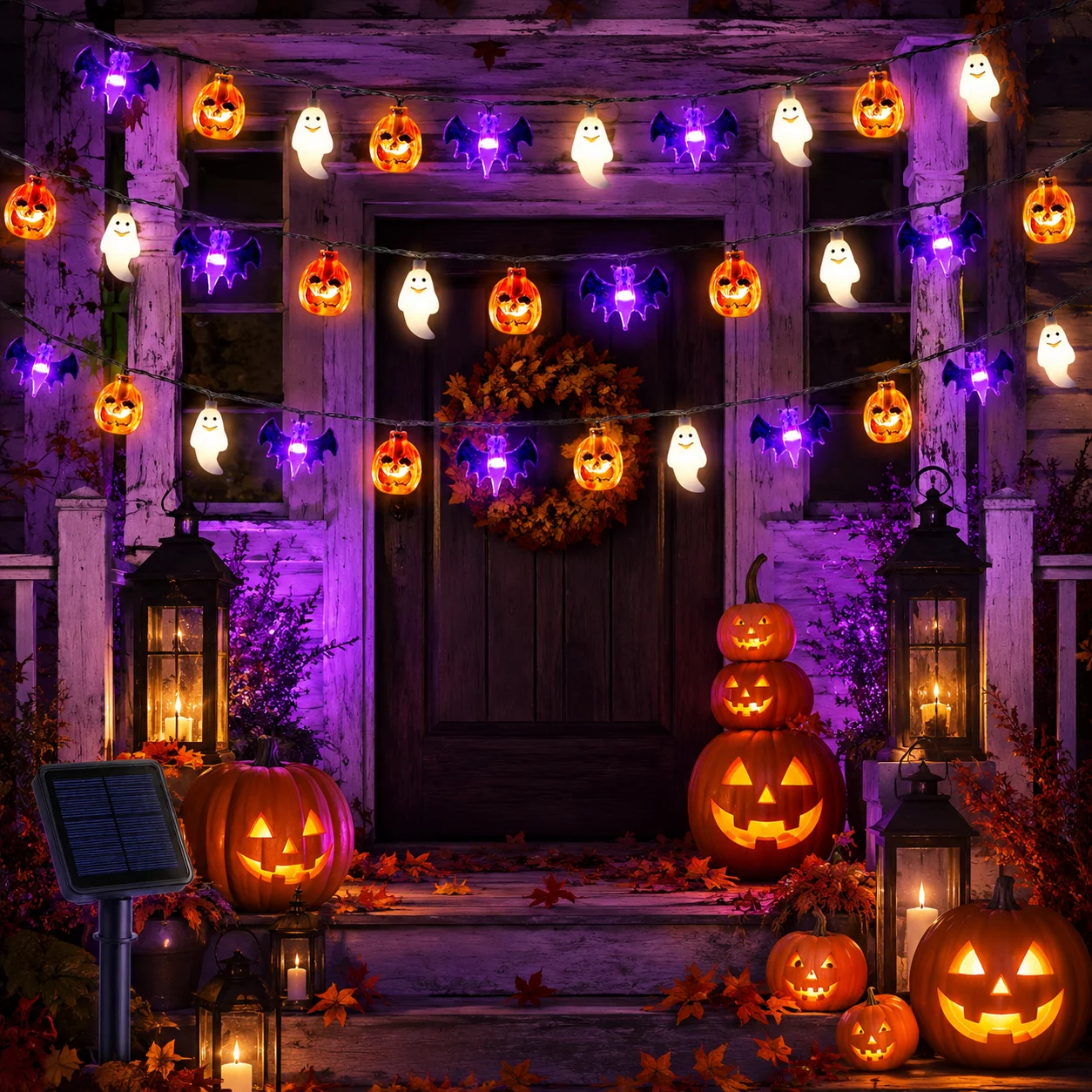 1pc Halloween Solar Pumpkin Ghost Bat String Lights White Light 20/30LED Outdoor Fairy Lights For Front Door Porch Yard Decor