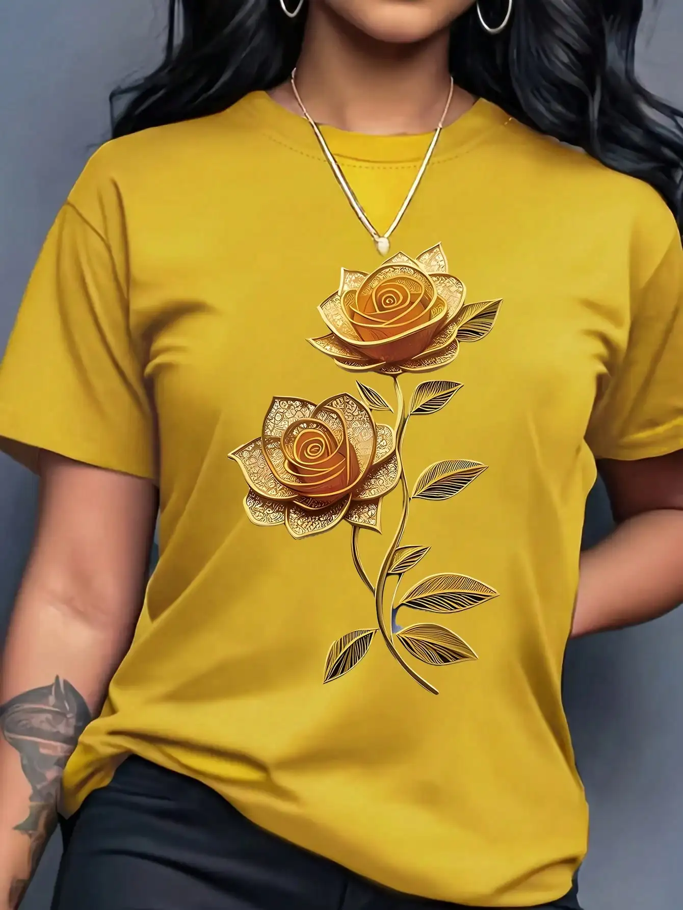 Women's Yellow T-Shirt with Gold Rose Print, Round Neck Short Sleeve Casual Top