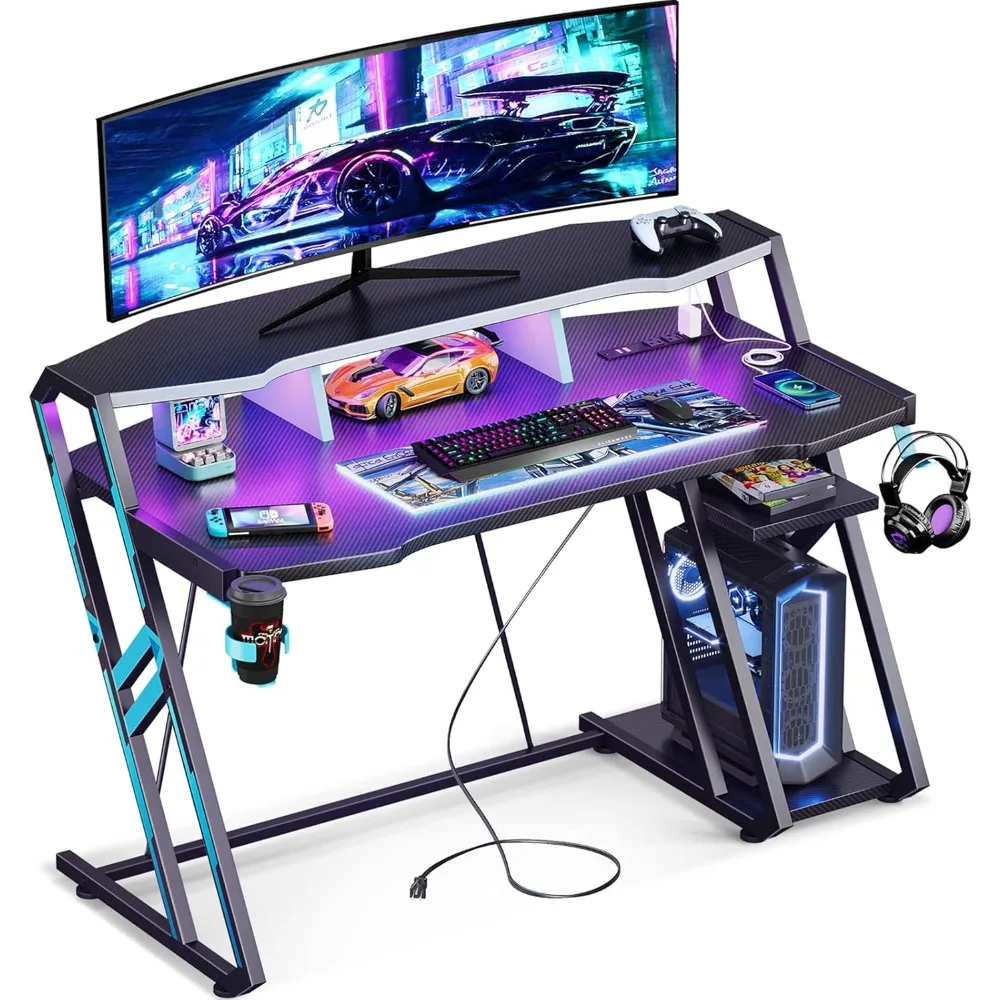 

MOTPK Gaming Desk with Power Outlet & LED Lights, Gaming Computer Desk 47inch with PC Storage Shelf, Gaming Table