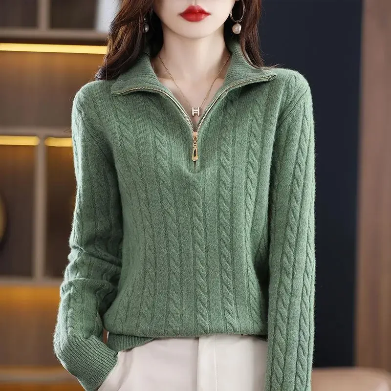 

Fashion Turtleneck Loose All-match Zipper Sweater Women's Clothing 2023 Winter New Casual Pullovers Solid Color Tops