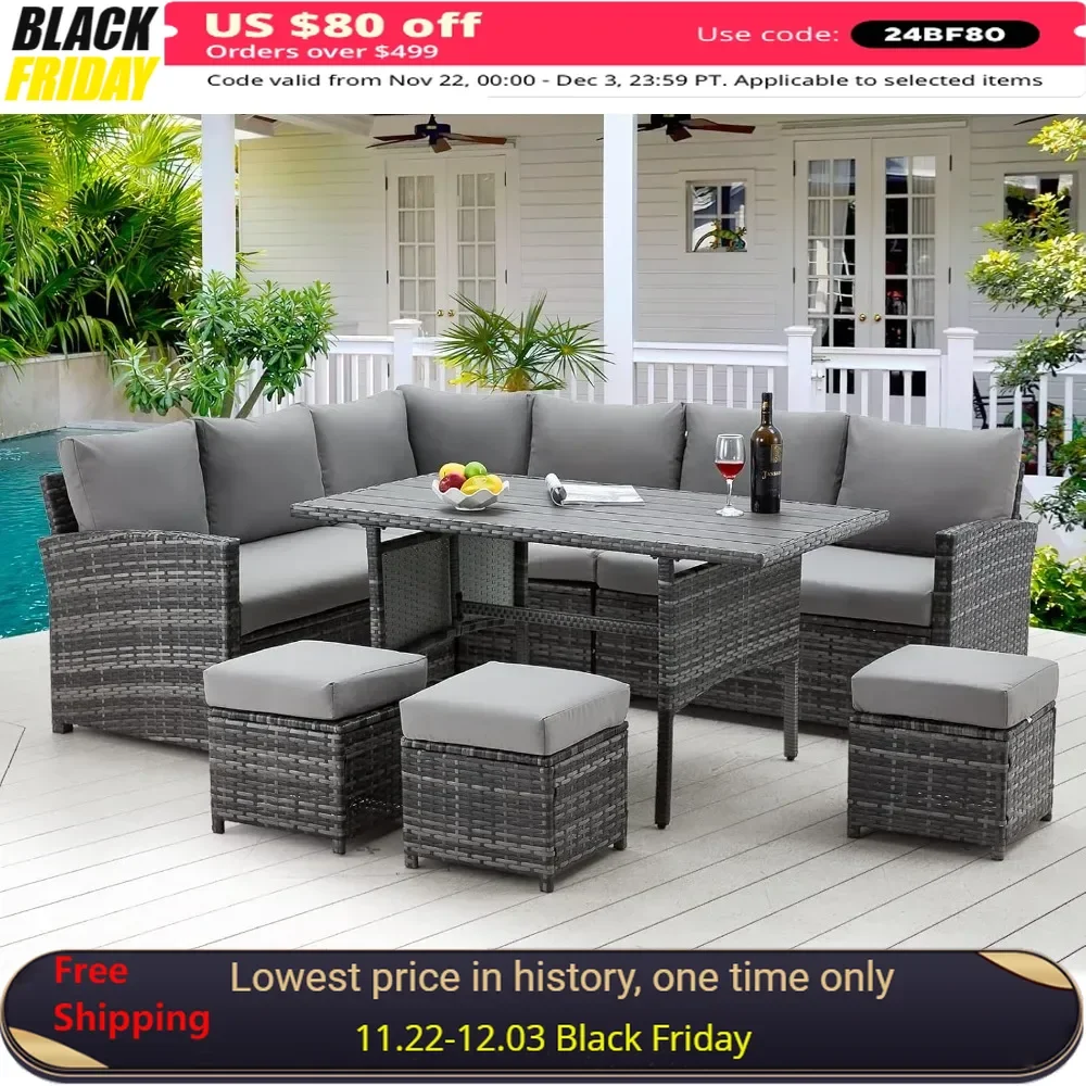 

Garden Sofa, 7 Piece, Outdoor Furniture with Dining Table, Chairs and Footstools, All Weather Wicker Parlor Set, Patio Sofa Set