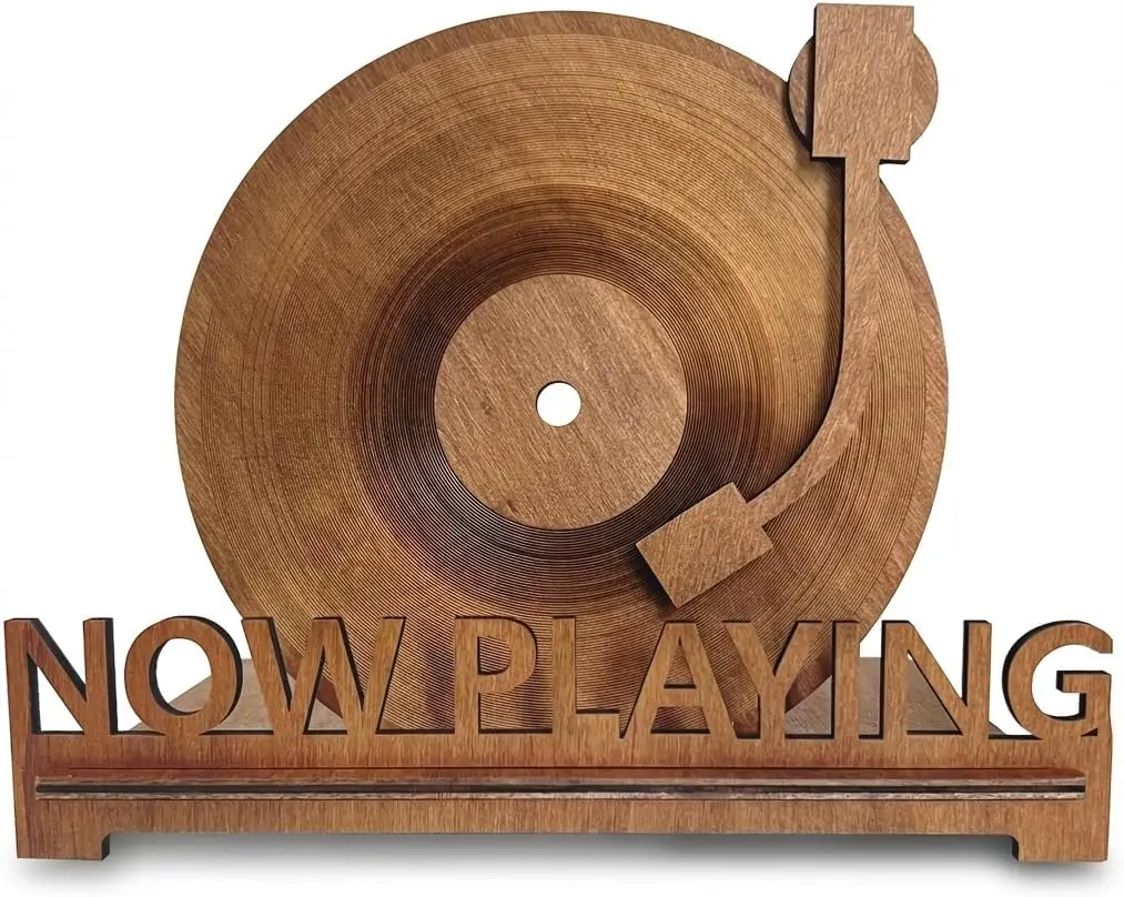 

Vintage Wooden Vinyl Record Holder for Turntable Stand, Rustic Display Storage with 3D Laser Design