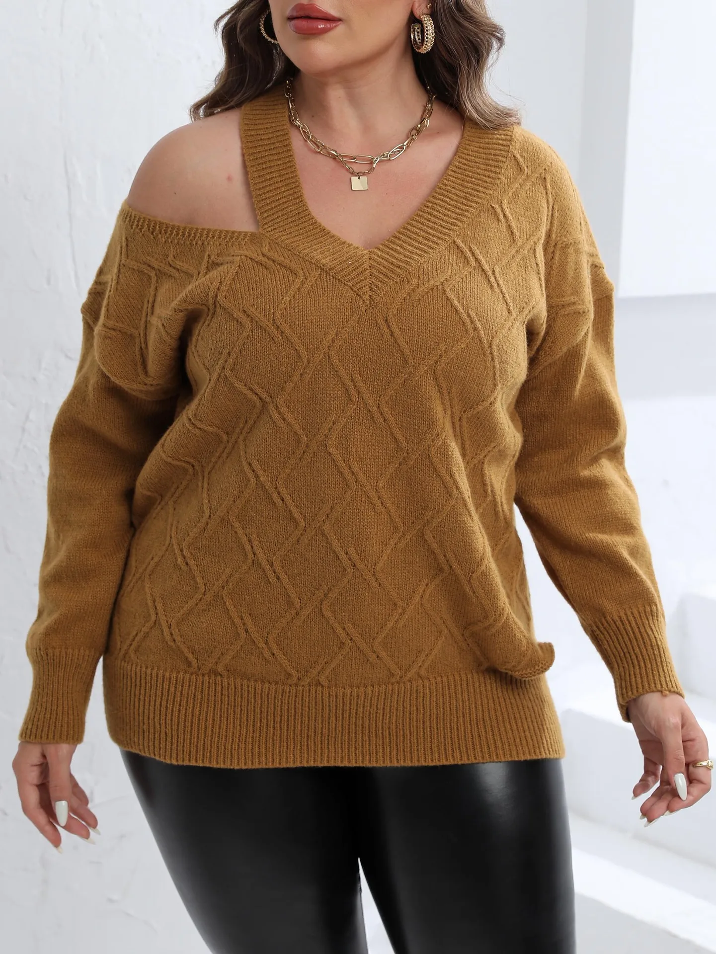 Plus Size maglione donna Pullover top personalizzato maglione intrecciato senza spalline grande maglione con scollo a v moda Casual tinta unita 2023