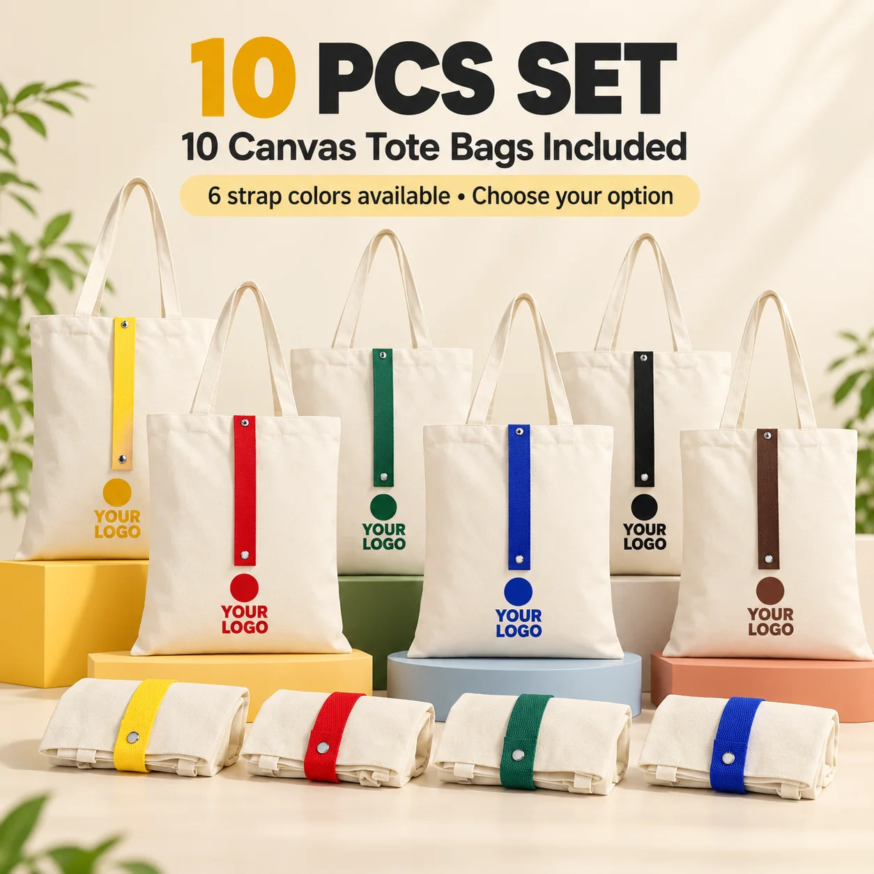 10pcs Custom Foldable Canvas Totes With Color Straps Personalized Logo Reusable Shopping Bags For Business Event Christmas Gifts