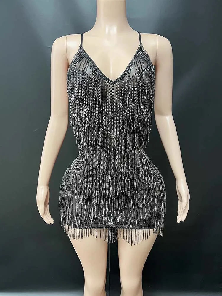 High Quality Rhinestone Layered Tassel Sexy Bare Back Suspender Dress 2025 New Fashion Custom Women'S Clothing
