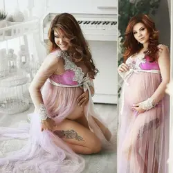Photo Maternity Women Dresses for Photoshoot Lace V-Neck Hollow Out Pregnant Woman Clothes Long-length Photography Props Grown