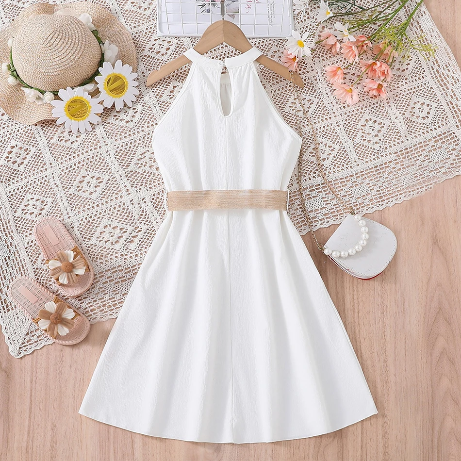 Stylish Girls Solid Color Off-Shoulder Halter Neck Dress Summer Parties and Special Occasions Dress Girls Casual Dresses 8-12Y