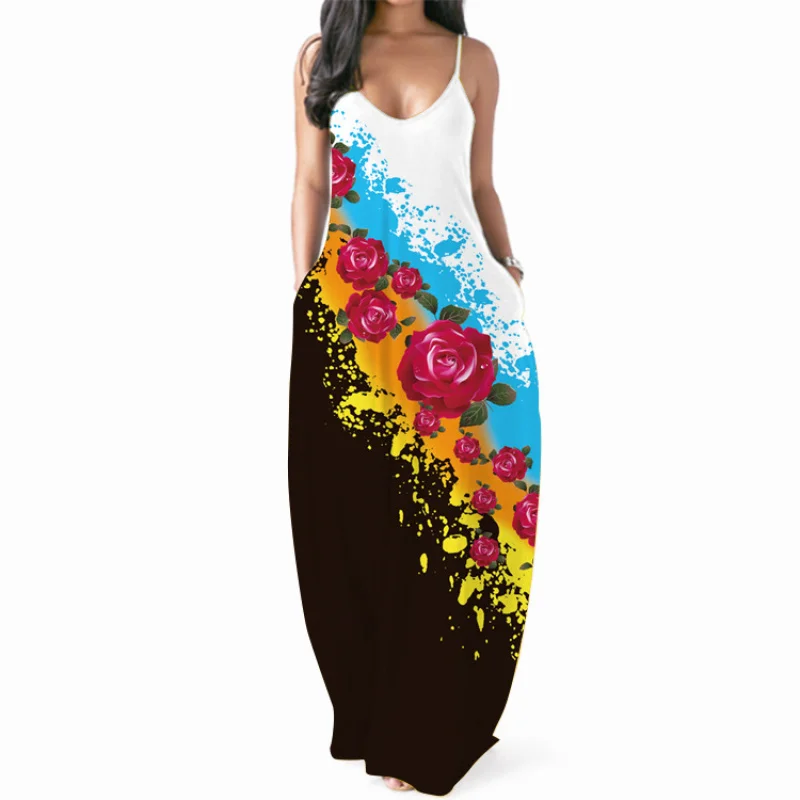 2021 Spring and Summer New-Border Printing Maxi DressStation Loose Multi-Color Strap Dress