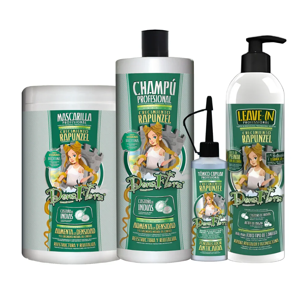 Pack Completo Rapunzel Dona Flora: Shampoo, Mascarilla, Leave In y Tónico para el Cuidado del Cabello