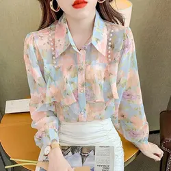 Senhora do escritório blusa de flores quebradas, camisa feminina de um único peito, pérolas chiques emendadas, doce babados elegantes, primavera, coreano