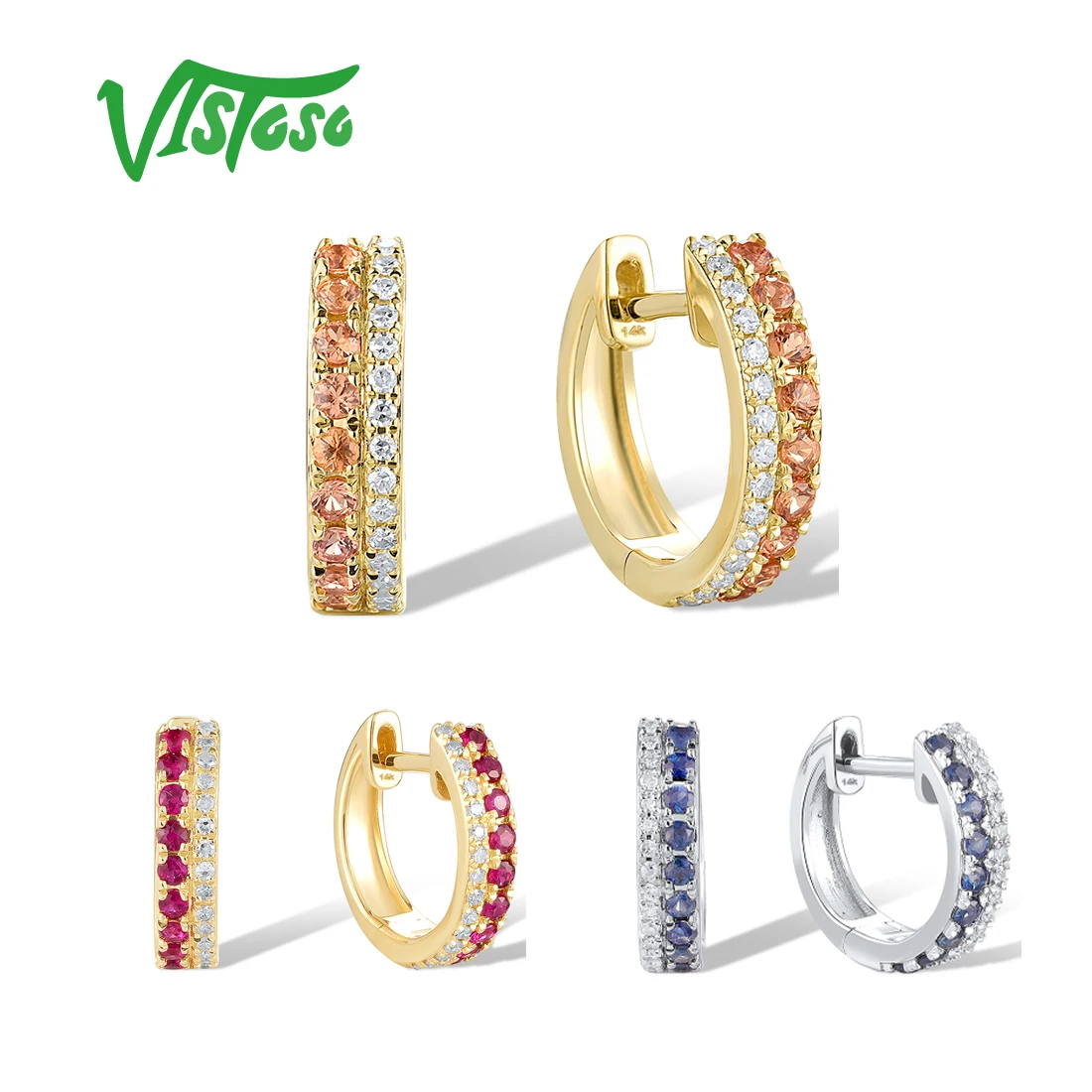 VISTOSO Pure 14K 585 White Gold Loop Earrings For Women Sparkling Classic Ruby Orange /Blue Sapphire Popular Huggie Fine Jewelry