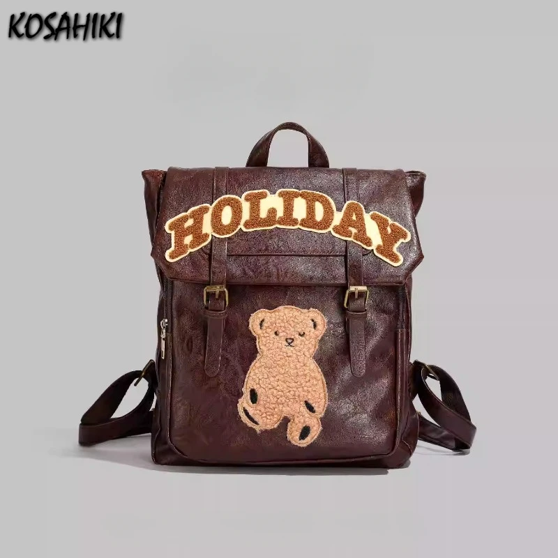 Y2k Aesthetic Letter Kawaii Cute Bear Backpack Fashion Casual Women Students Schoolbag All Match Ins Streetwear Trendy Backpacks