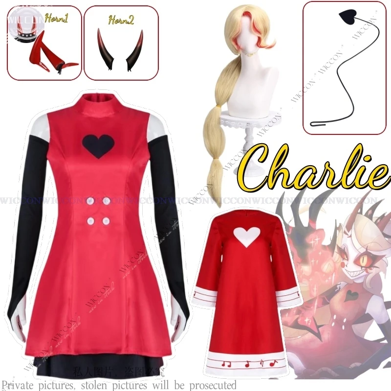 Charlie Anime Hazzbin Voor Game Fans Cosplay Kostuum Pruik Hoorn Tail Duivel 'S Hoorn Rood Hotel Halloween Feest Volwassen Kind Jurk Kids