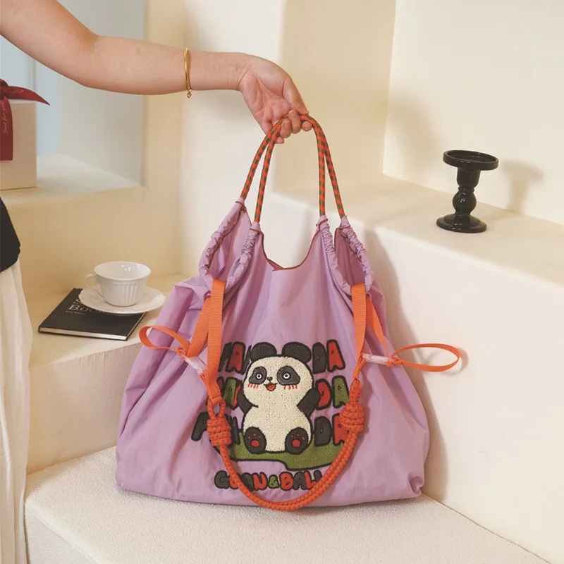 Kawaii Ball Chain Embroidered Panda Canvas Bag Cartoon Series Foldable Girls Large Capacity Oxford Shoulder Embroidered NylonBag