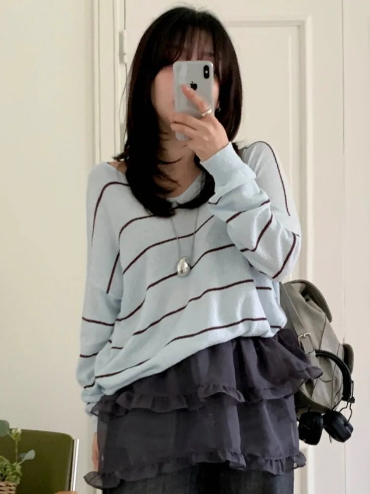 

Summer New Loose Striped Bal Knot Women's Sun Protection irt Color Blo Casual Sle Sensation Faion Top