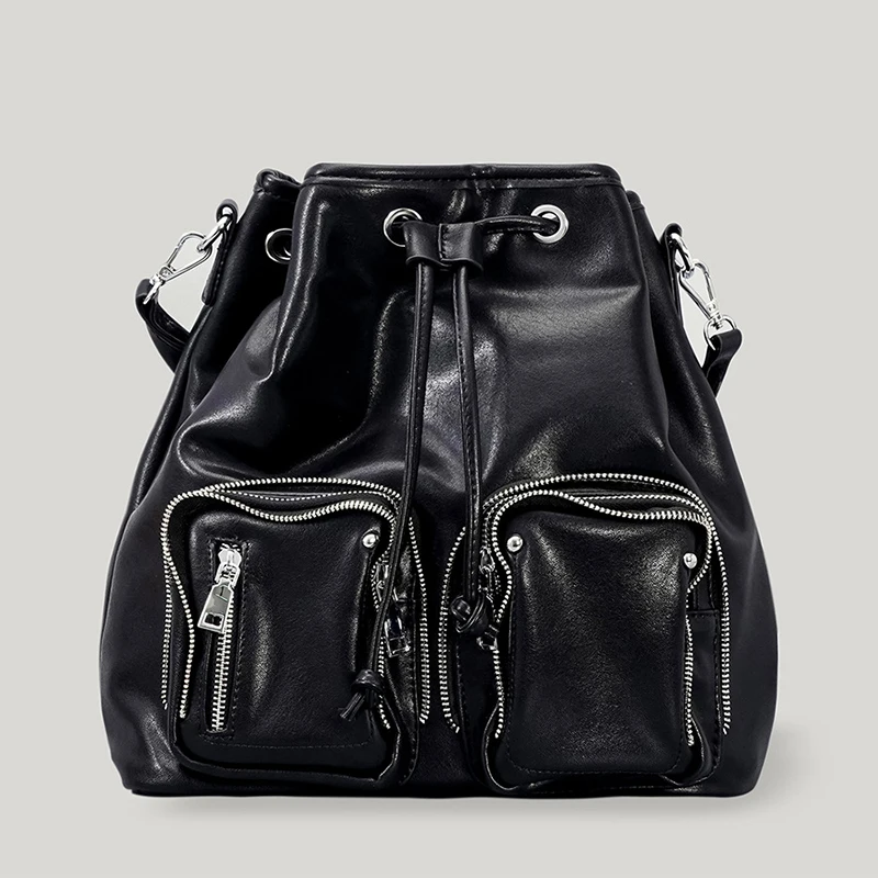 

Fashion Retro Backpack Women's Multi-pocket Design Drawstring Shoulder Bag Punk Girls Motorcycle Handbag Luxury Leather Bag