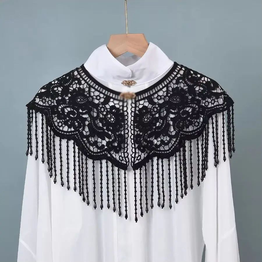 1 Piece Women's Lace Beaded Tassel Shawl, Hollow Floral Crochet Shoulder Cover, Evening Party Wedding Bridal Short Cape, Vintage Decorative Fake Collar Dress Accessory
