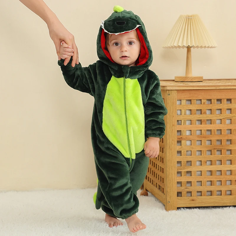 MICHLEY Kigurumi Dinosaur Baby Romper Todder Cartoon Animals Jumpsuit Clothes Infant Bodysuit Cosplay For Boy Girl Kid Halloween