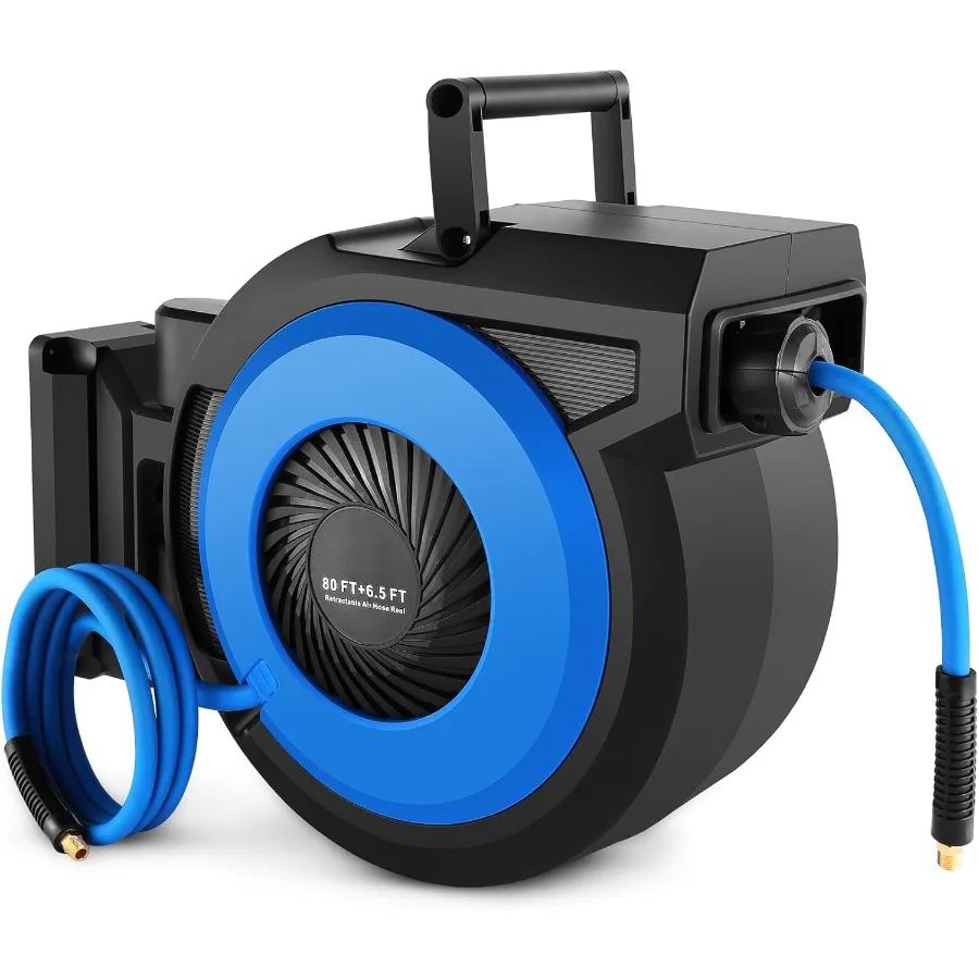 Enrouleur de tuyau d'air rétractable 80 pieds + 6,5 pieds, moulinet de tuyau pneumatique mural pour atelier de garage, rembobinage automatique 3 8x80'air hybride