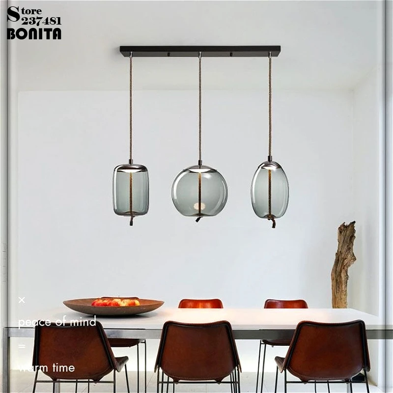 Nordic Color Glass & Twisted Hemp Rope Suspension Light, Luxury Artistic Accent Lamp Ideal for Living Room, Dining Area Decor