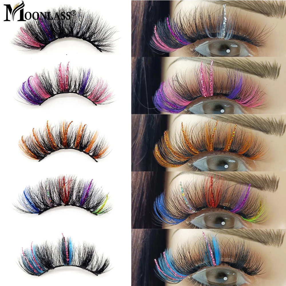 18-20mm Pink Blue Red White Glitter Colored Mink Lashes For Party Fluffy Soft Colorful Cilias Handmade False Eyelashes With Tray