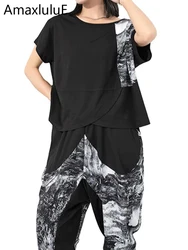 Amax luluE Summer Fashion Suits Women Printed 2 Pieces Sets Punk Outfit Ladies Luxury Loose Tops Tees Casual Printed Harem Pants